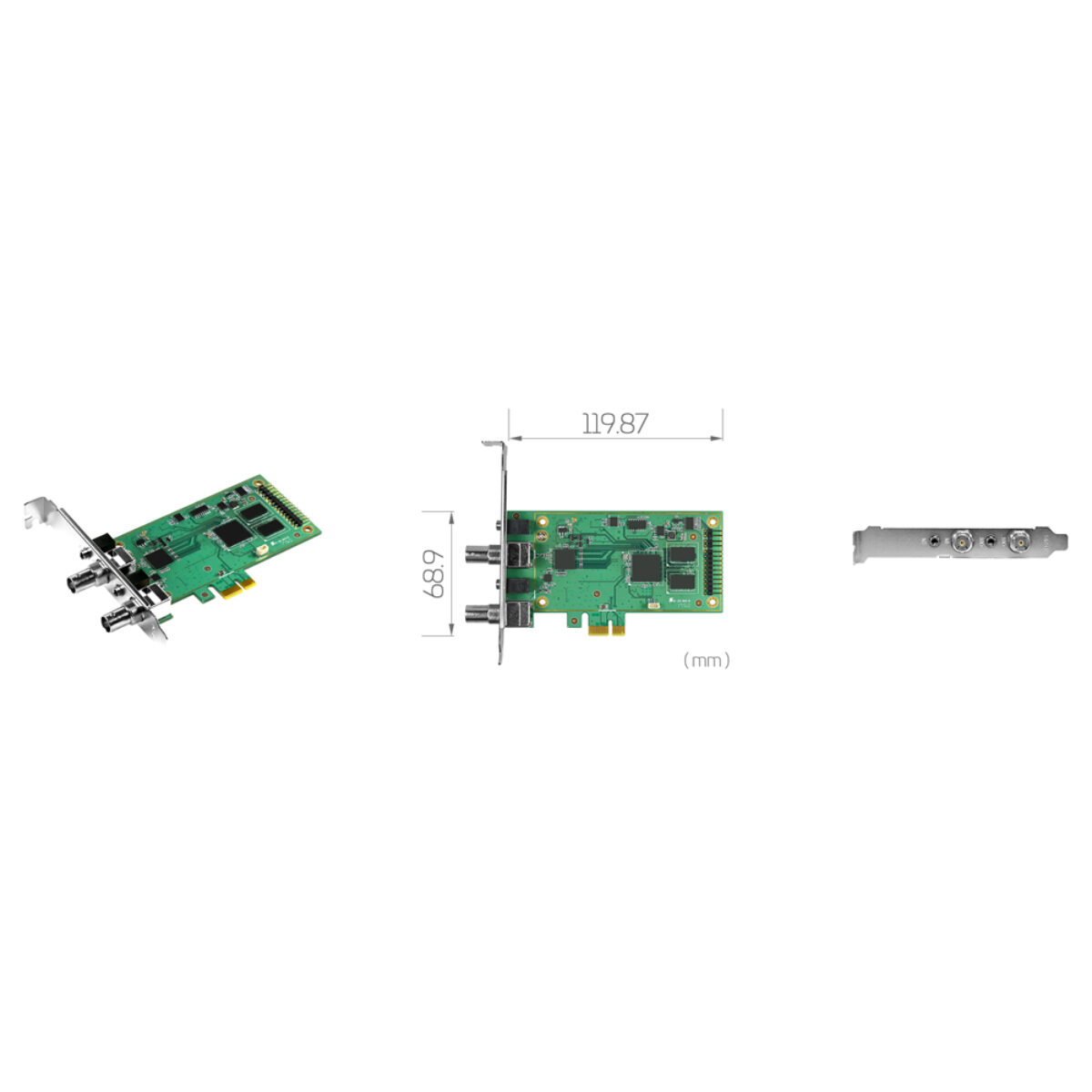 Yuan SC5C0N1-L SDI PCIe capture card, angled view, dimension drawing in mm and bracket with BNC SDI ports