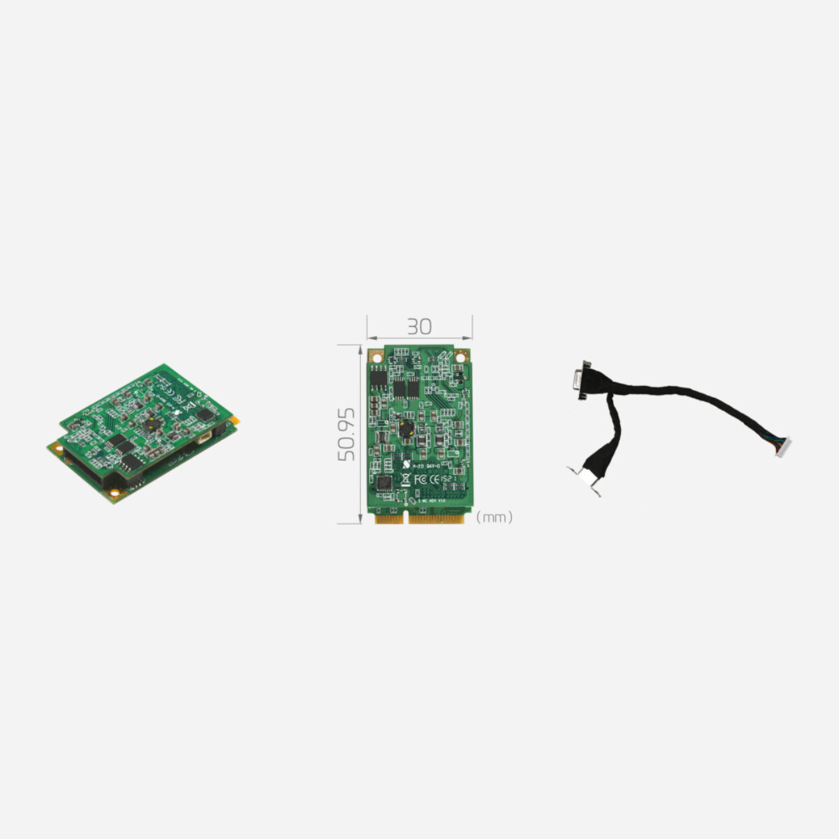 Yuan SC5C0N1 MC HDV Mini PCIe capture card, angled view, dimension drawing in mm and input cable