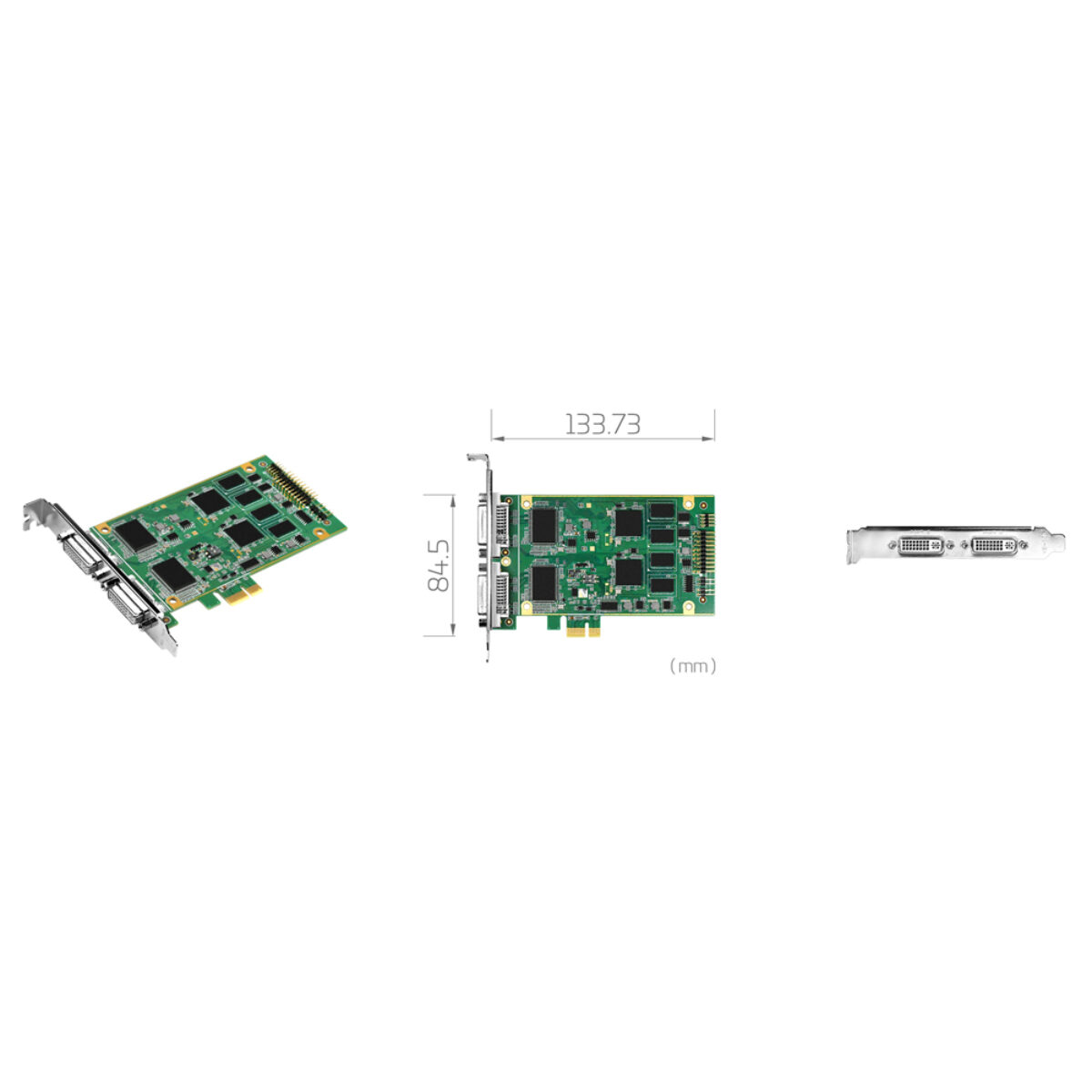 Yuan SC5C0N2 HDV PCIe capture card, angled view, dimension drawing in mm and bracket with two DVI-I ports