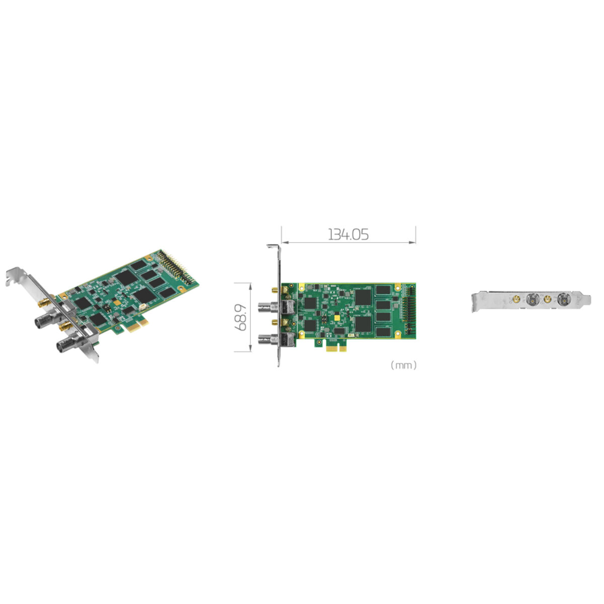 Yuan SC5C0N2-L SDI capture card, angled view, dimension drawing and bracket with SDI connectors