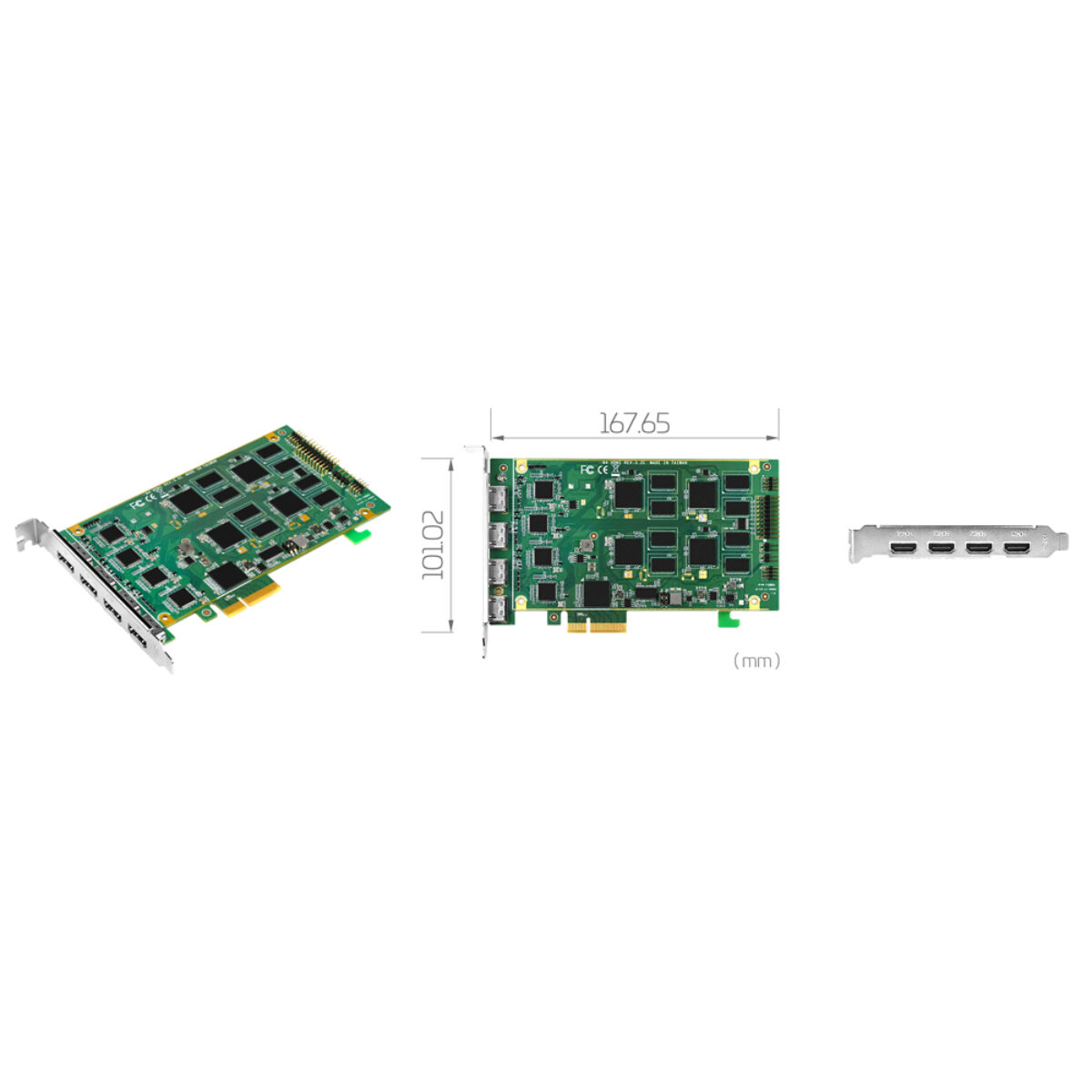 Yuan SC5C0N4 HDMI capture card, angled view, dimension drawing and bracket with four HDMI ports