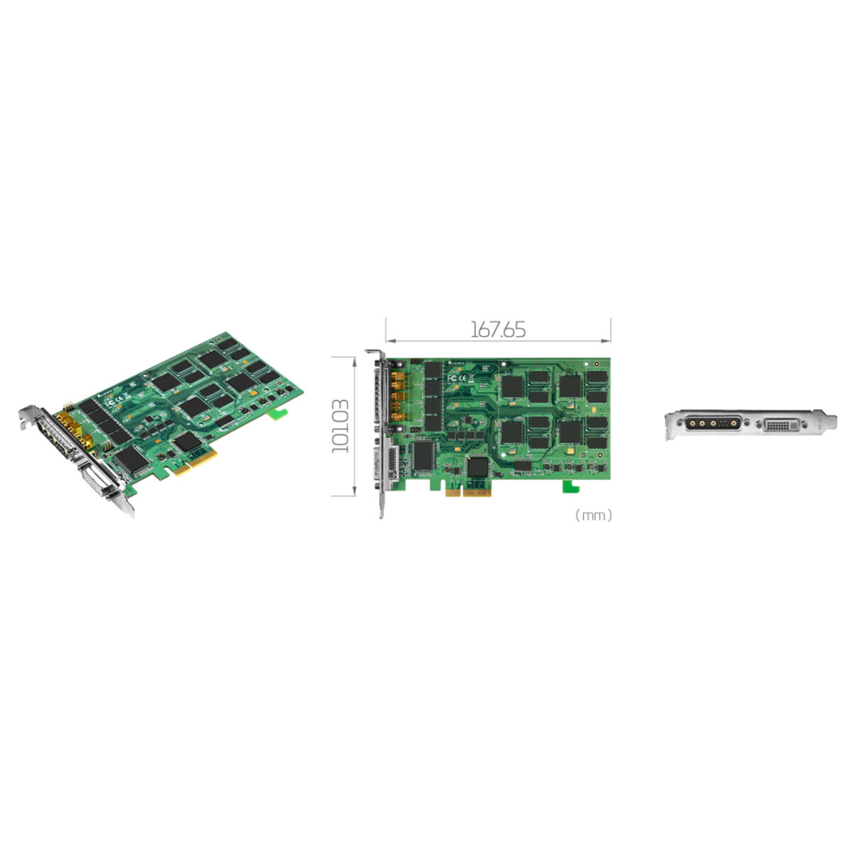 Yuan SC5C0N4 Hybrid capture card, angled view, dimension drawing and bracket with multi-pin and DVI connectors