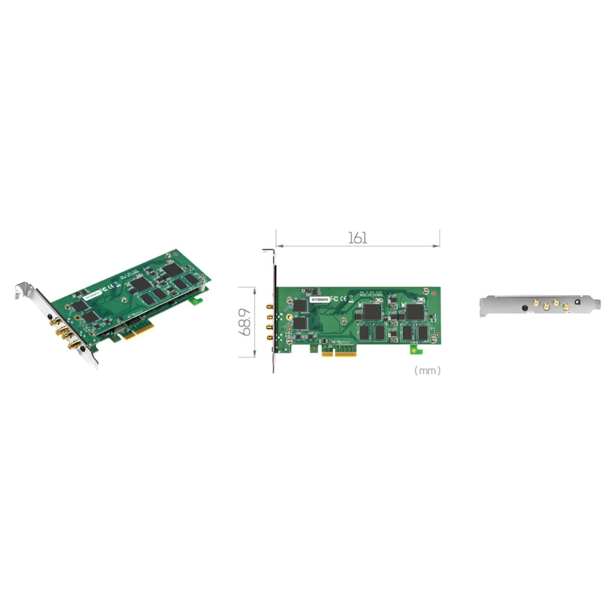 Yuan SC5C0N4-L SDI capture card, angled view, dimension drawing and bracket with SDI connectors
