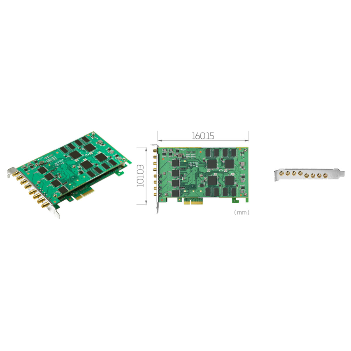 Yuan SC5C0N8 SDI capture card, angled view, dimension drawing and bracket with eight SDI connectors