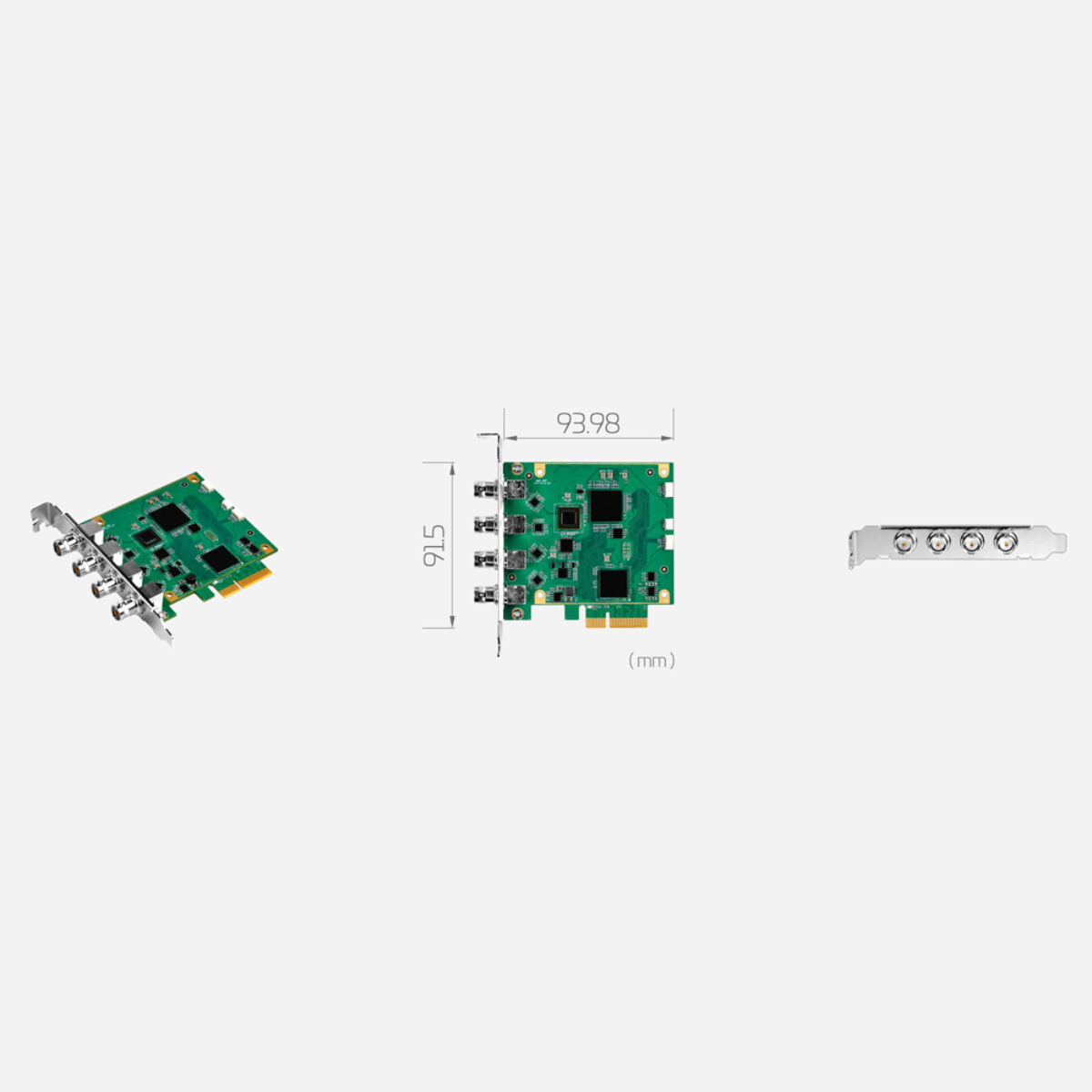 Yuan SC710N1 12G-SDI capture card, angled view, dimension drawing and bracket with four SDI connectors