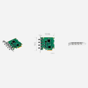 Yuan SC710N1 12G-SDI capture card, angled view, dimension drawing and bracket with four SDI connectors