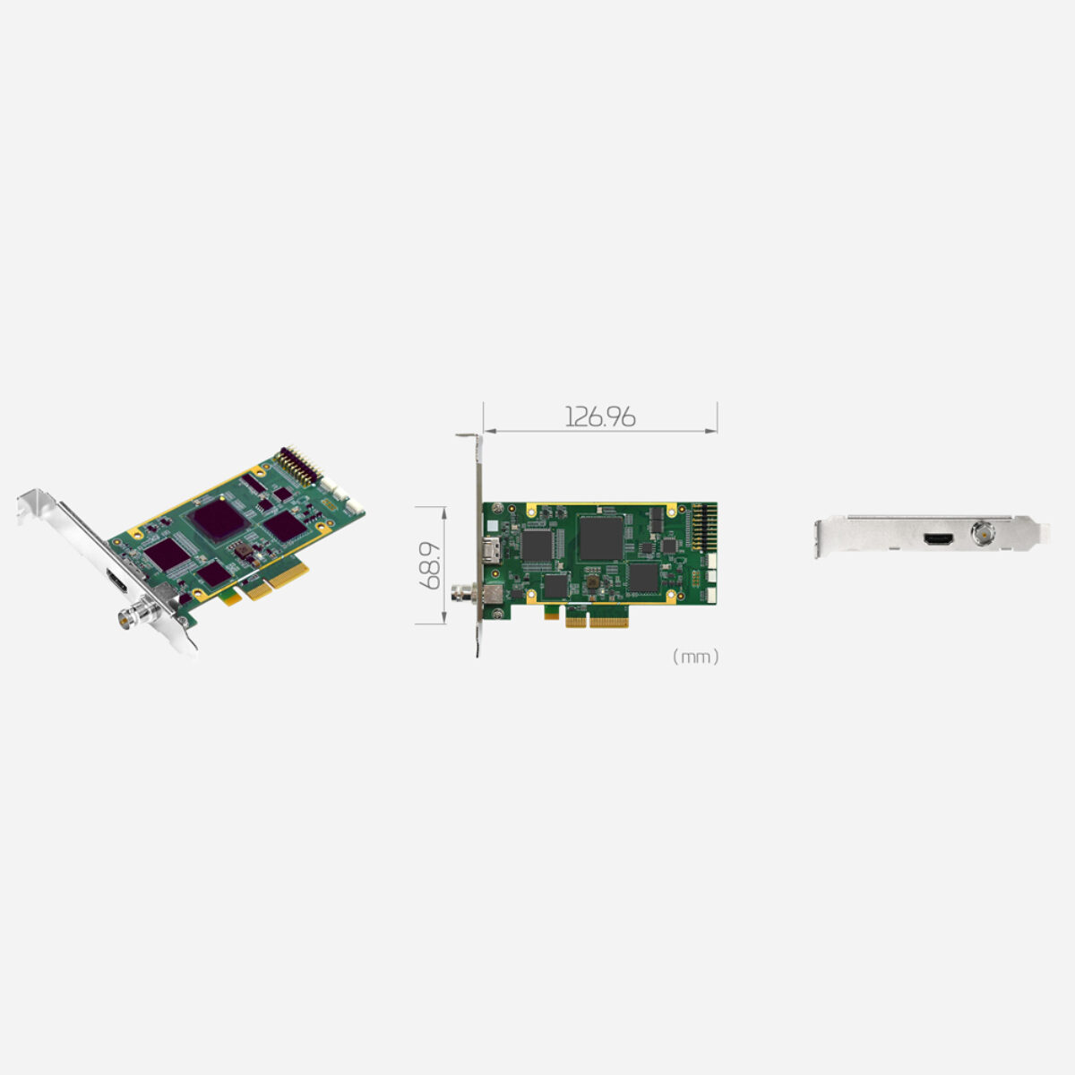 Yuan SC710N1-L 12G-SDI+HDMI2.0 capture card, angled view, dimension drawing and bracket with HDMI and SDI ports