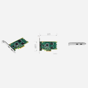 Yuan SC710N1-L HDMI2.0 capture card, angled view, dimension drawing and bracket with two HDMI ports