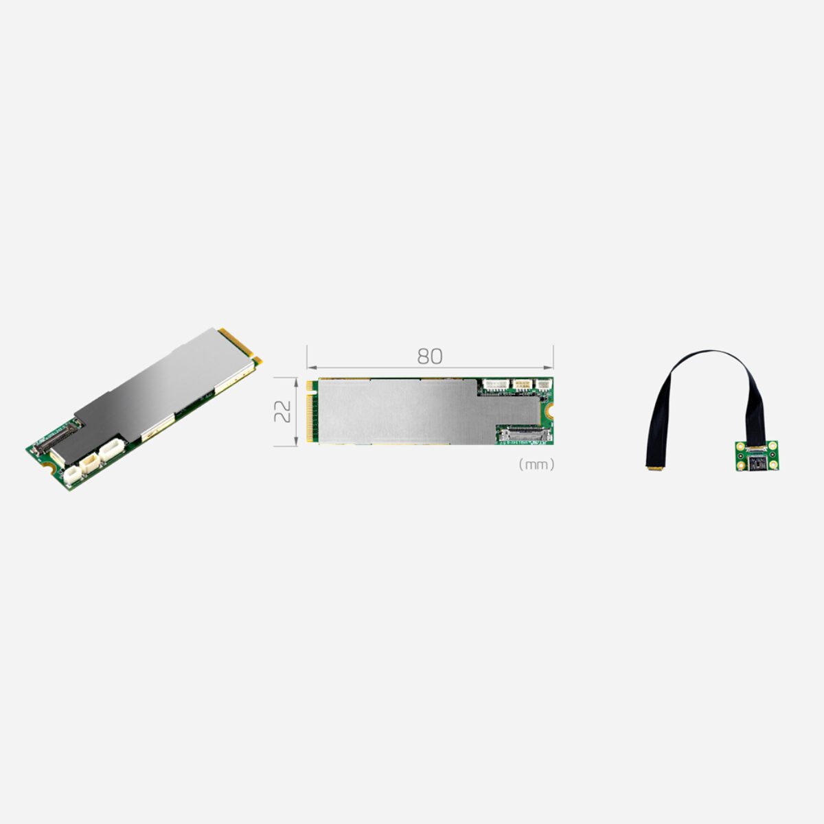 Yuan SC710N1 M2 HDMI2.0 capture card, M.2 module view, 22 x 80 mm drawing and HDMI adapter cable