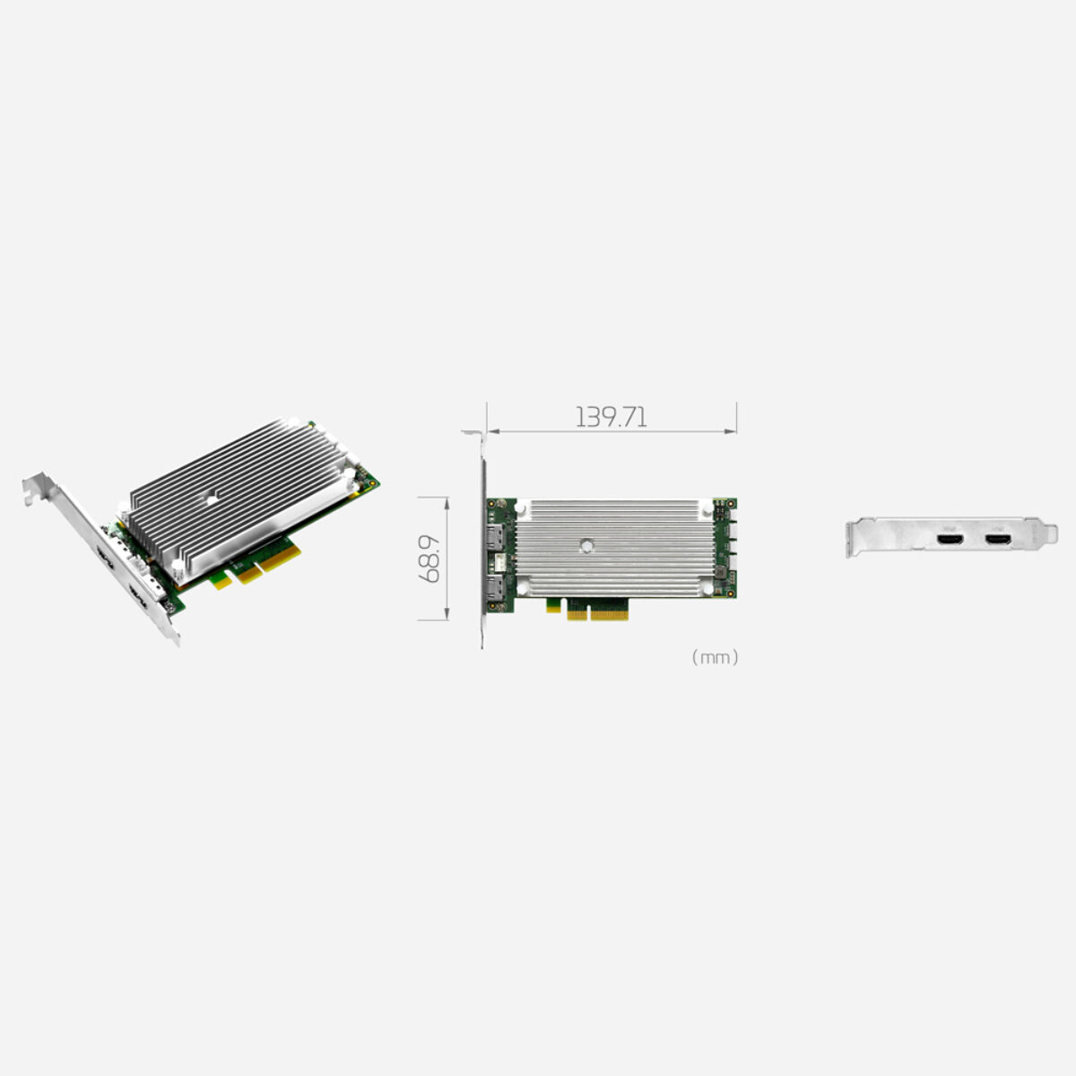 Yuan SC710N2-L HDMI2.0 capture card, low profile PCIe board with heatsink, dimension drawing and dual HDMI bracket