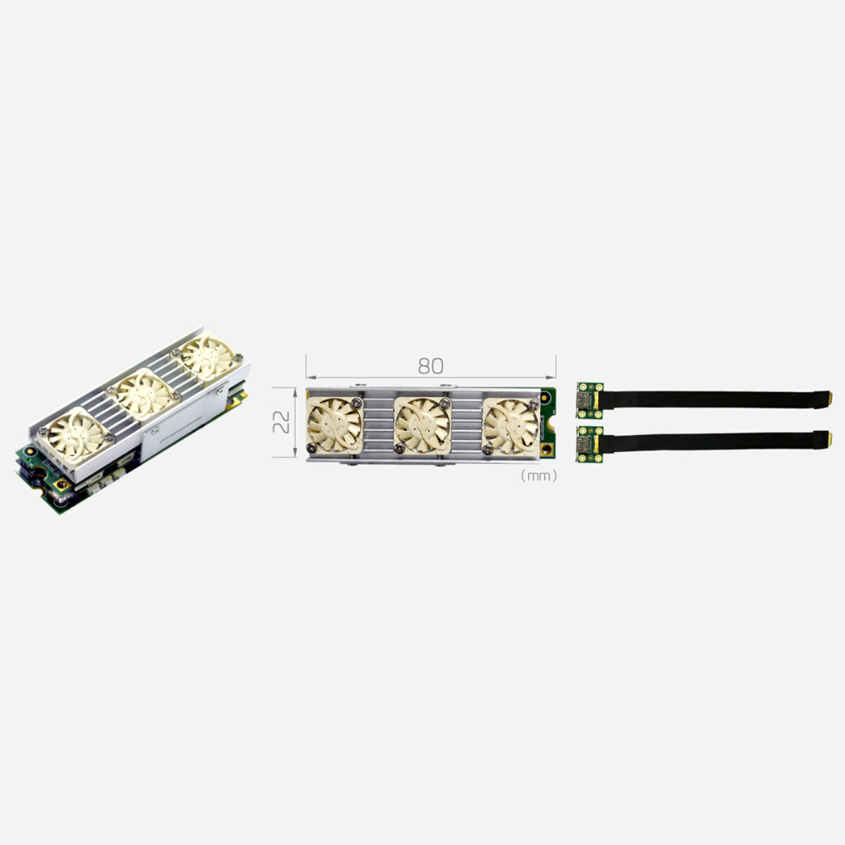 Yuan SC710N2 M2 HDMI2.0 capture card, M.2 module with fan-cooled heatsink, 22 x 80 mm drawing and two HDMI flex adapters
