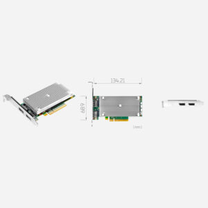 Yuan SC720N1 DP1.4a capture card, low profile PCIe x8 board with heatsink, dimension drawing and two-port bracket