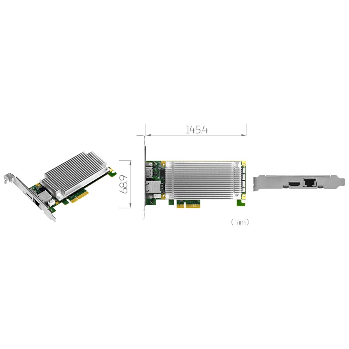 Yuan SC720N1-L SDVoE-C capture card, low profile PCIe board with heatsink, drawing and RJ45 plus HDMI bracket