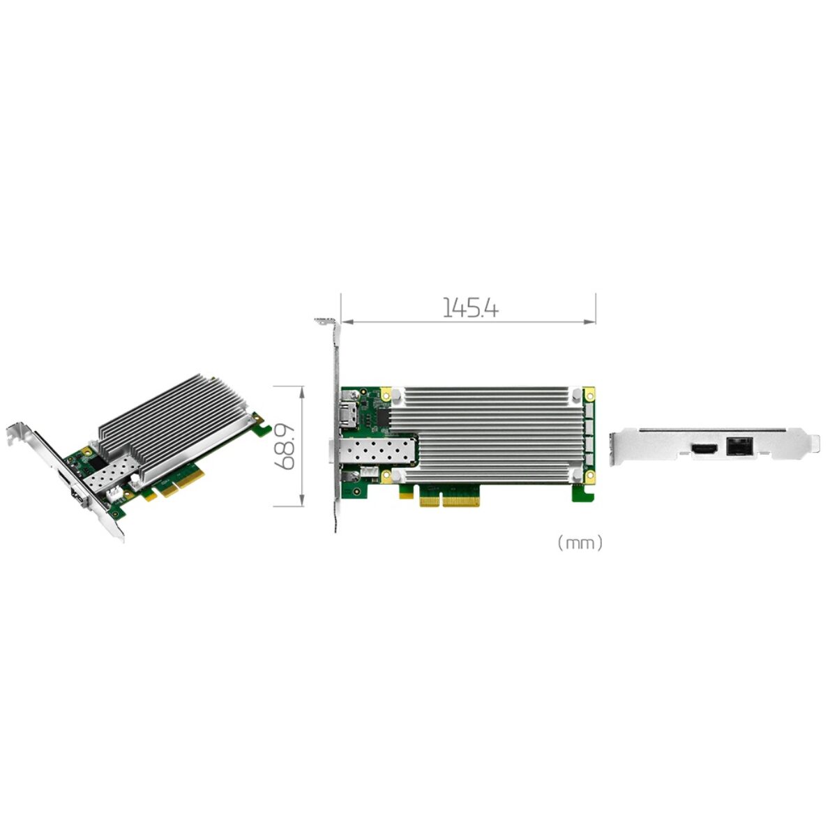 Yuan SC720N1-L SDVoE-F capture card, low profile PCIe board with heatsink, drawing and SFP+ plus HDMI bracket