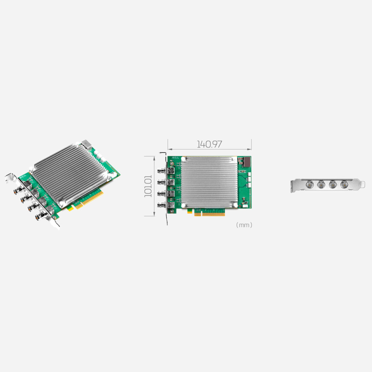 Yuan SC720N4 12G-SDI capture card, full height PCIe x8 board with heatsink, drawing and four BNC connectors