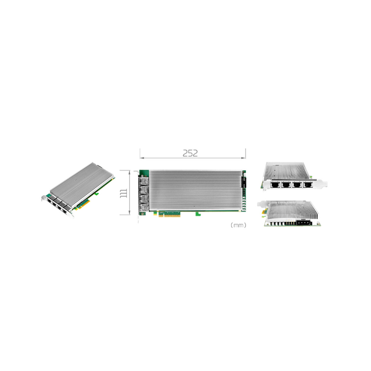 Yuan SC720N4 SDVoE-C capture card, full-length PCIe board with heatsink, dimension drawing and four RJ45 ports
