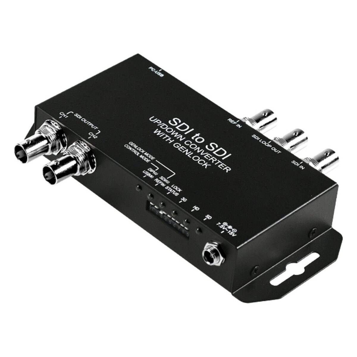 Yuan SDI to SDI Genlock broadcast video converter, angled view