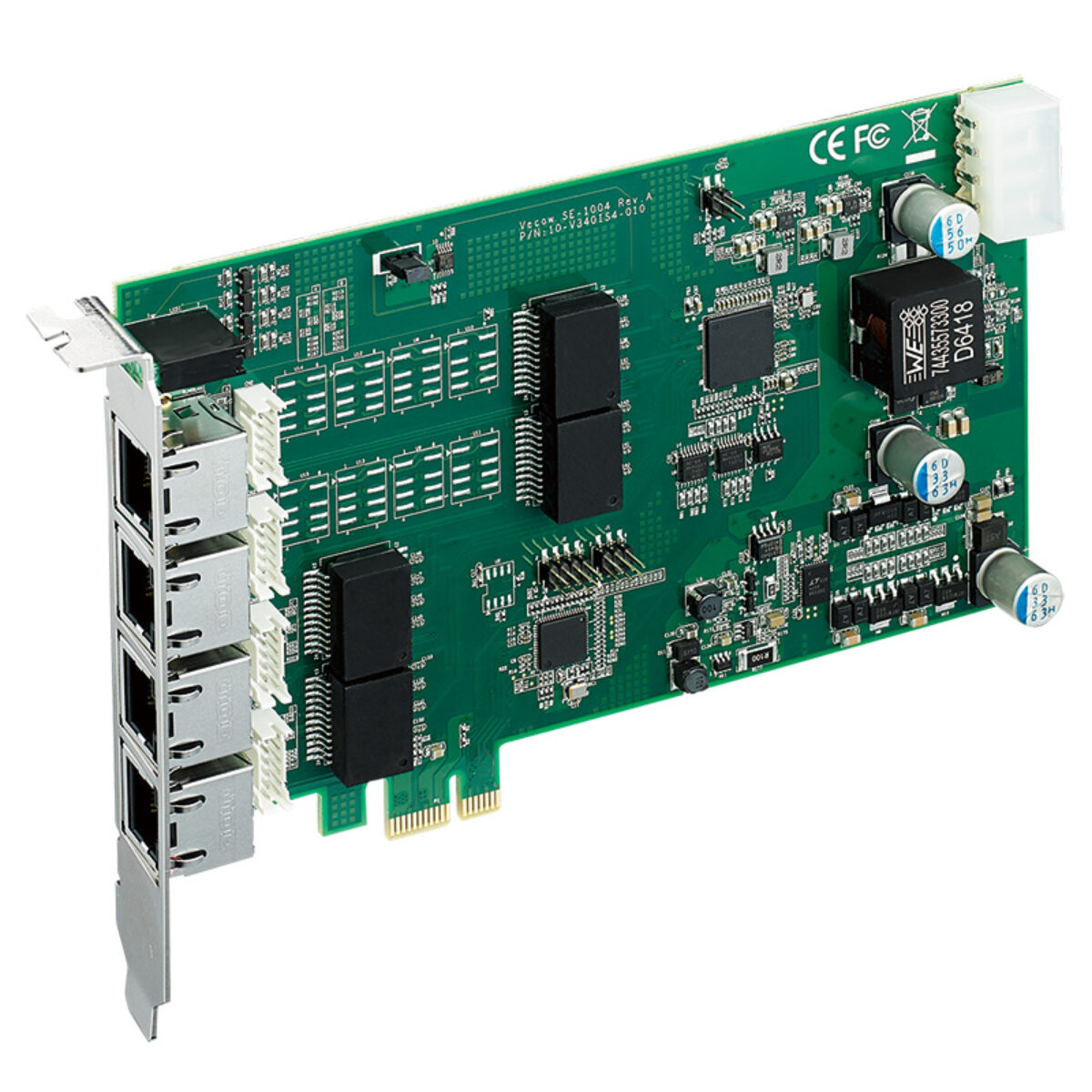Vecow SE-1000 PoE+ LAN switch card, angled view with four RJ45 ports and 4-pin power connector