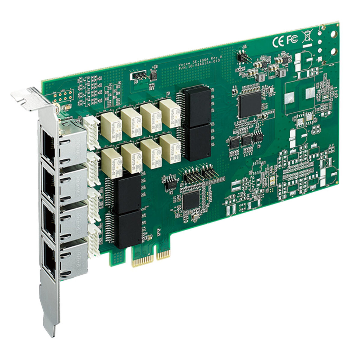 Vecow SE-1000 LAN switch card, angled view of the bypass build with relays behind two RJ45 ports