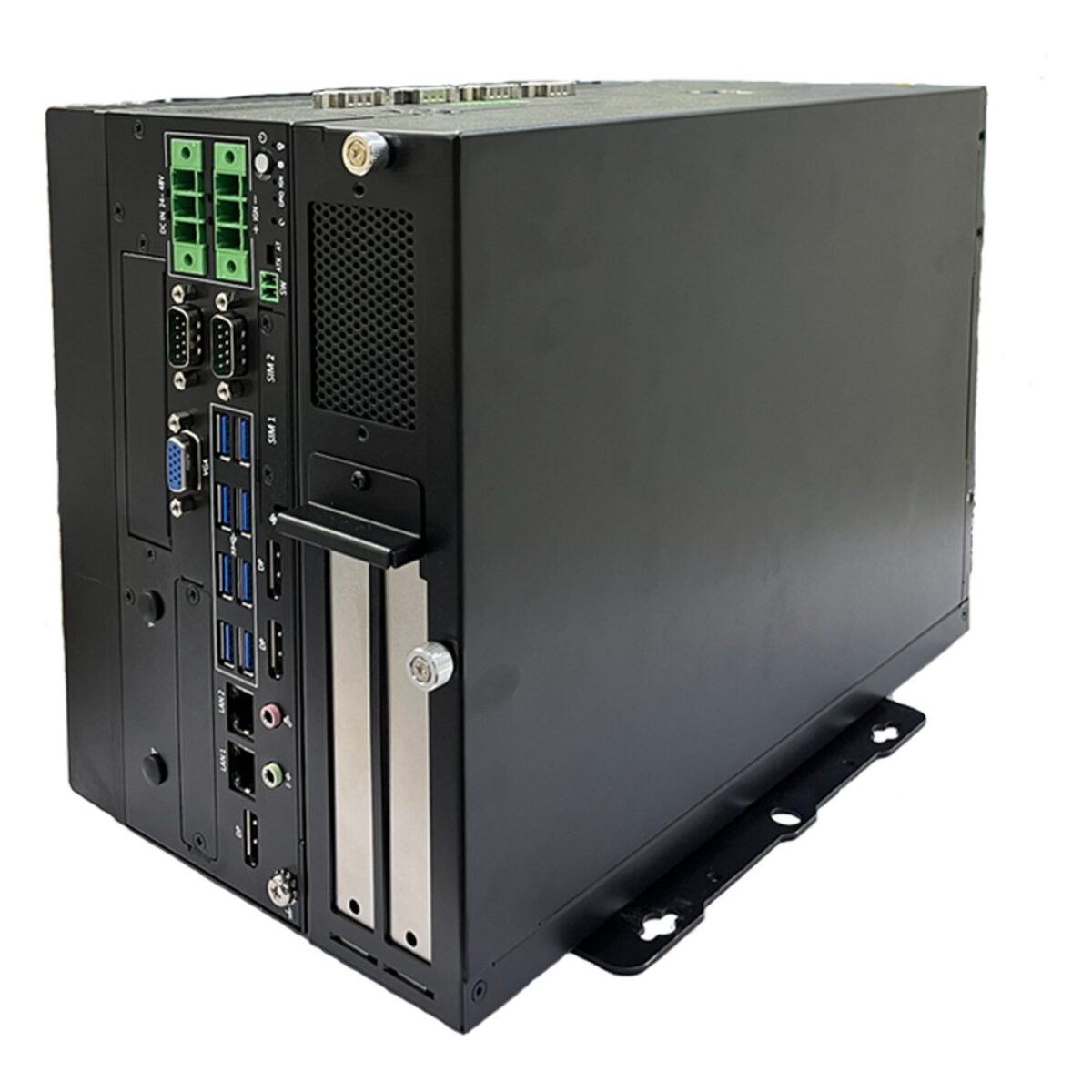 Arestech SE-5010 rugged industrial computer, angled I/O face with terminal blocks, COM, VGA, USB 3, RJ45 and two PCIe slots