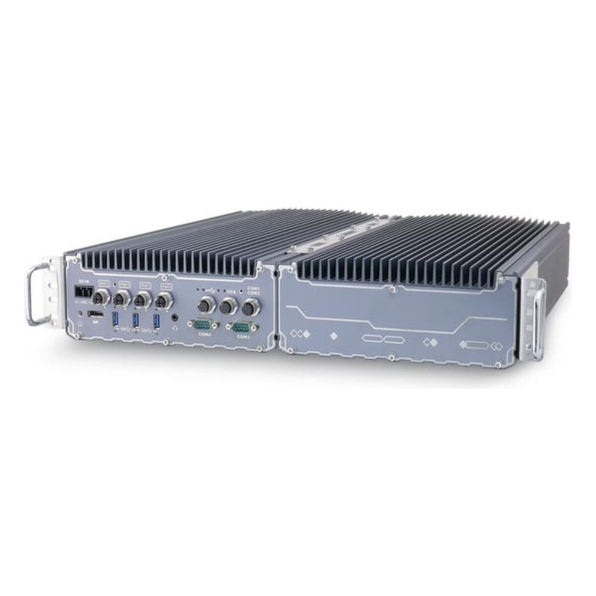Neousys SEMIL-1300GC military GPU computer, angled view of the double-width fanless chassis with the GPU section on the right