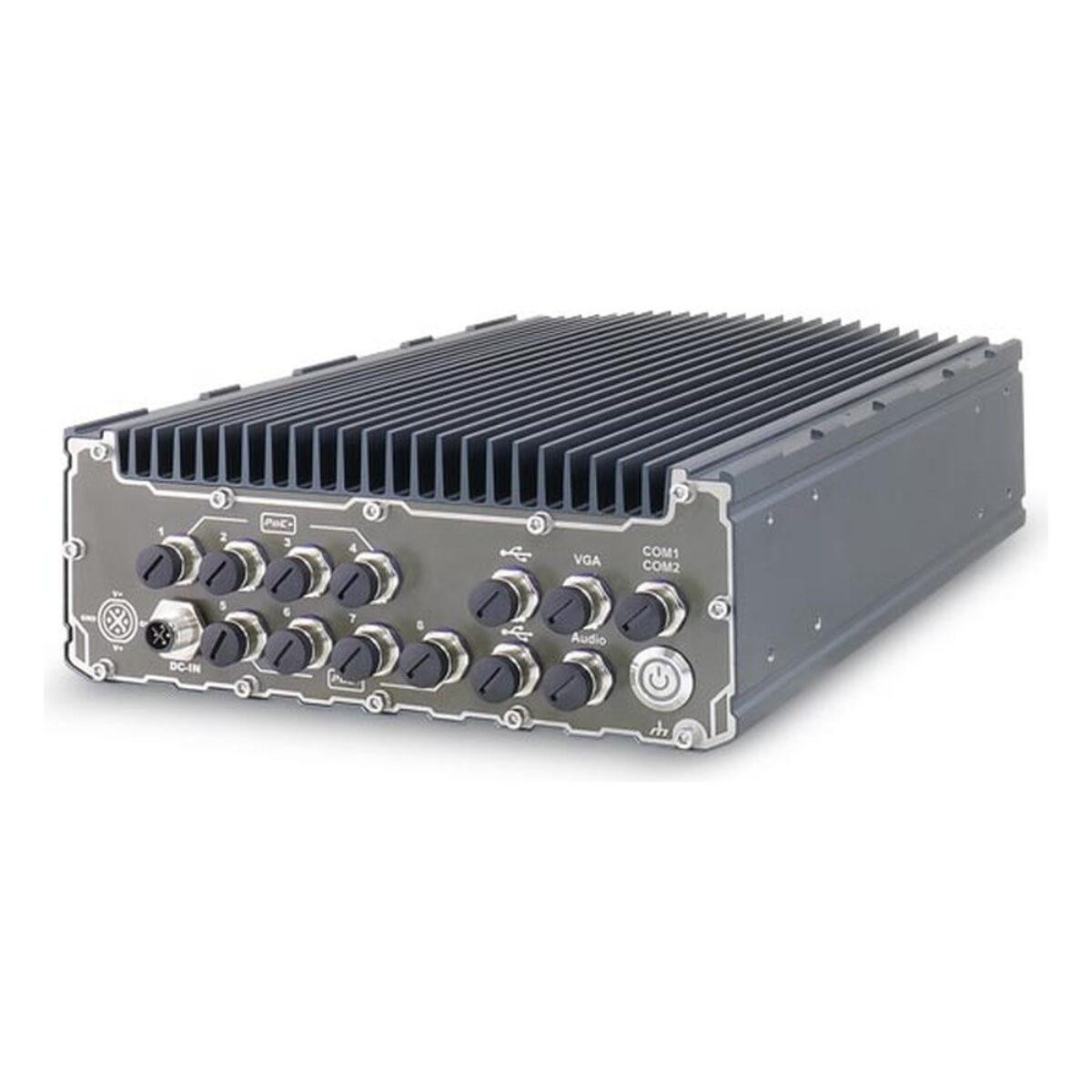 Neousys SEMIL-1700 IP67 military grade computer, angled view of the 8-port version with all-M12 connectors