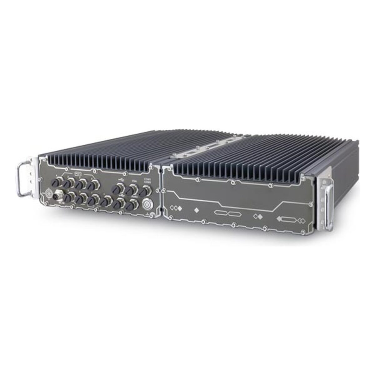 Neousys SEMIL-1700GC IP67 tactical GPU computer, angled view of the 8-port version with all-M12 connectors and the fanless GPU section
