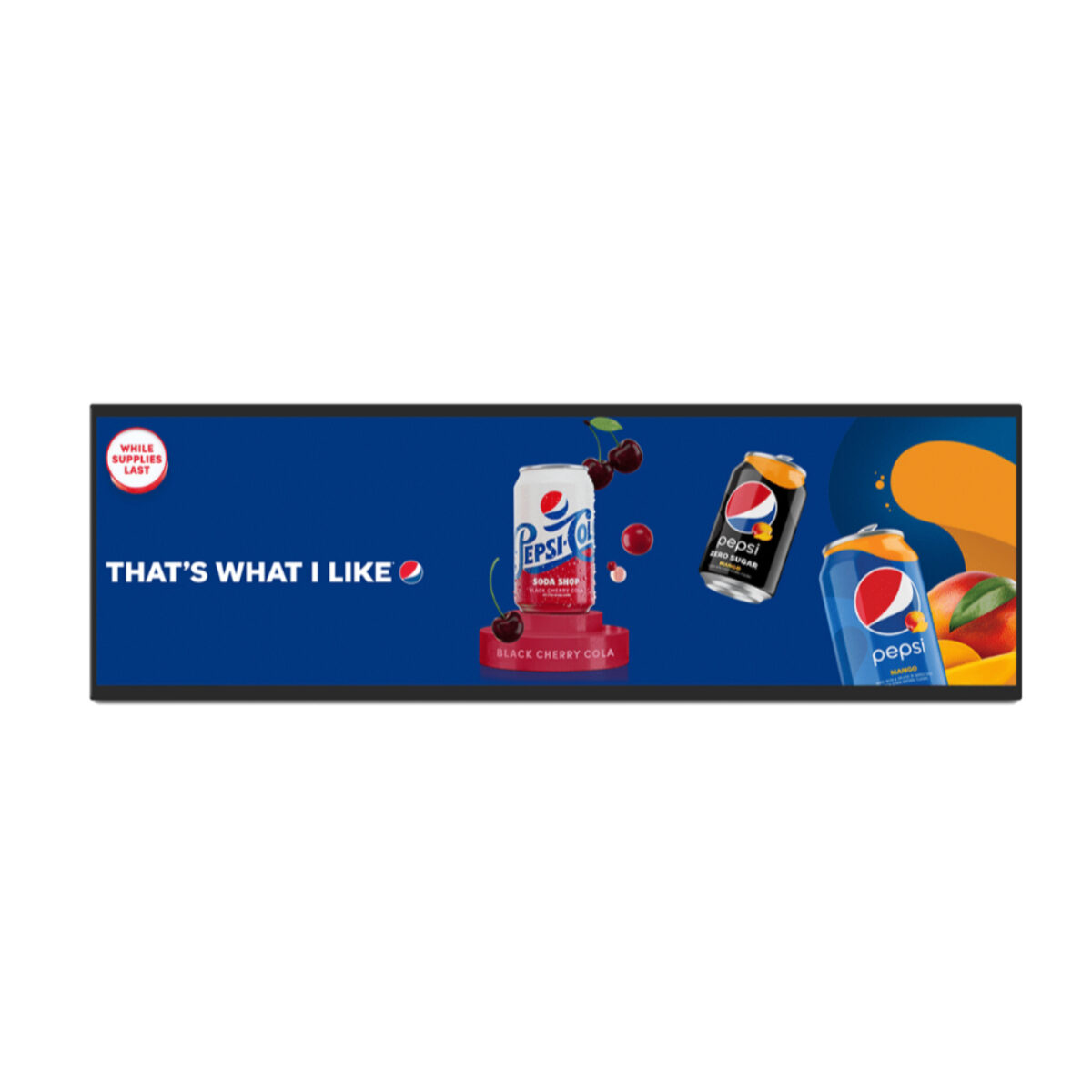 ViviSign SH29N stretched display, front view with a dark blue drinks advert