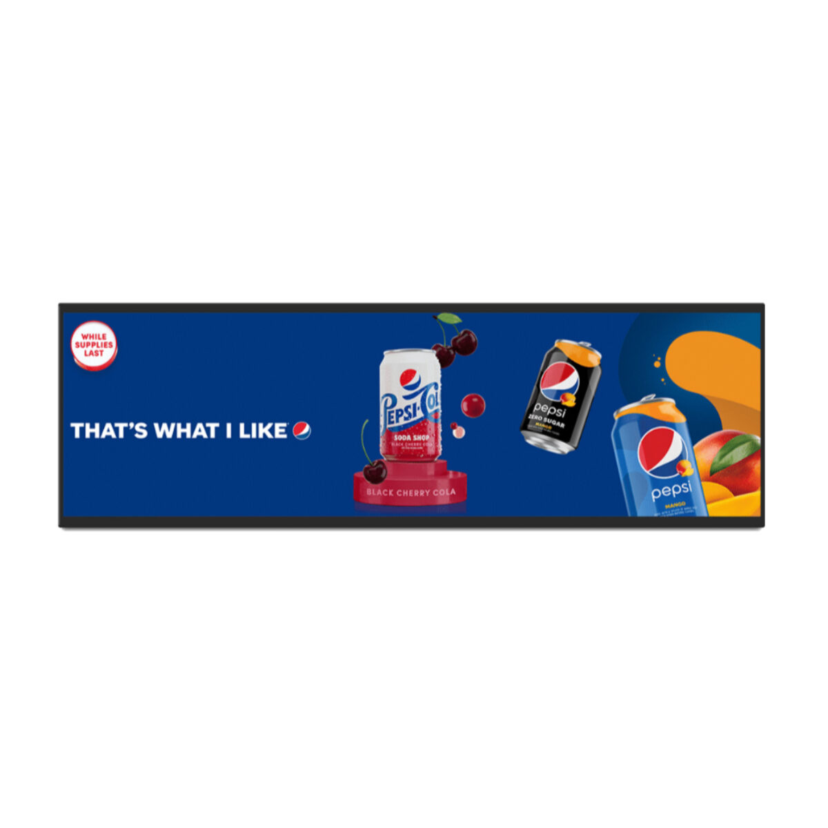 ViviSign SH37N stretched display, front view with a dark blue drinks advert