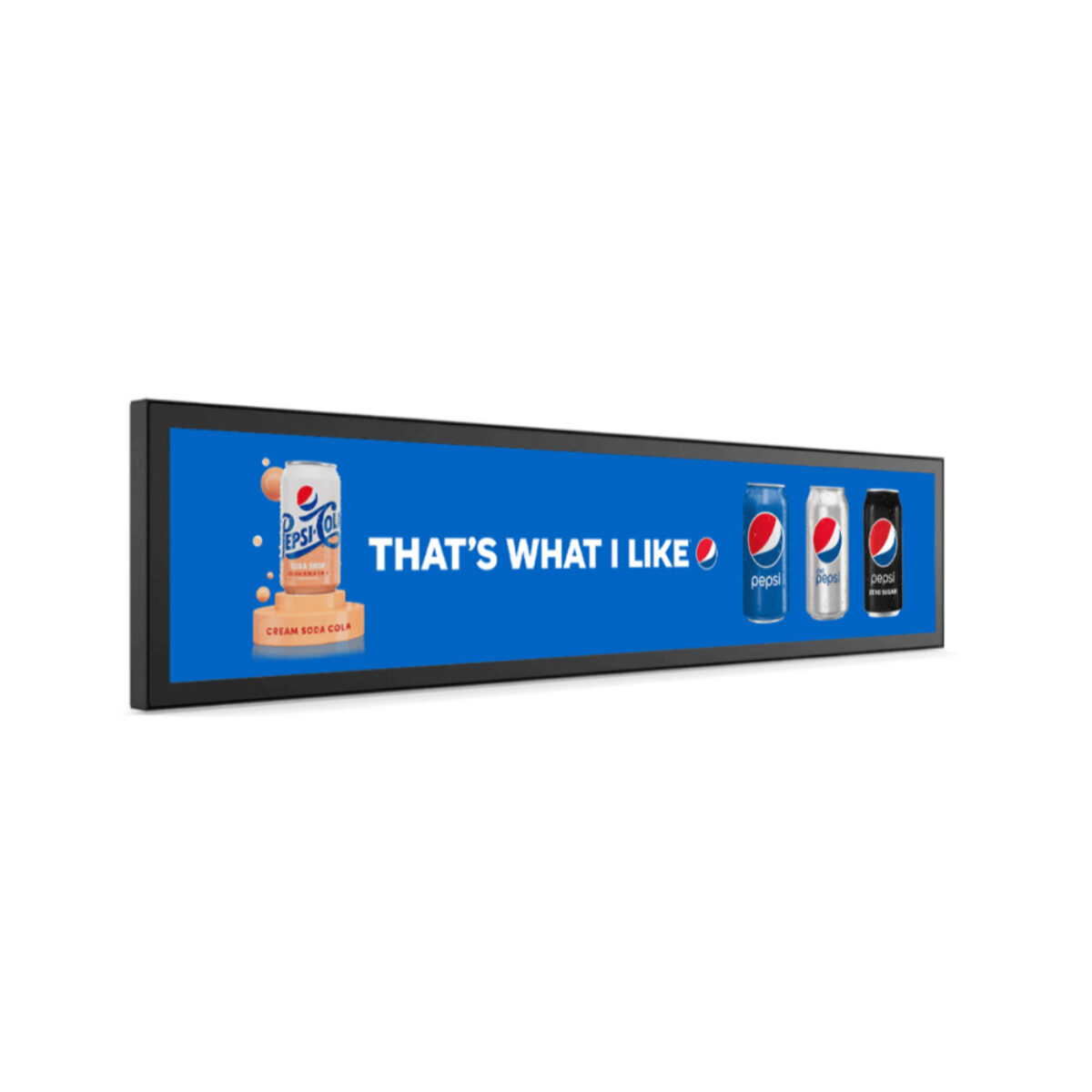 ViviSign SH43N stretched display, angled view showing the slim black bezel and a drinks advert