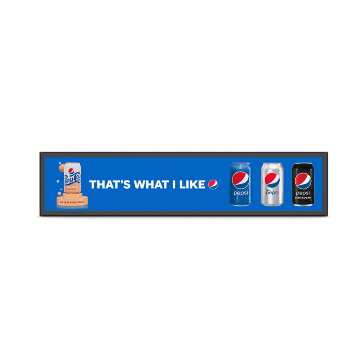 ViviSign SH48N stretched display, front view with a long blue drinks advert