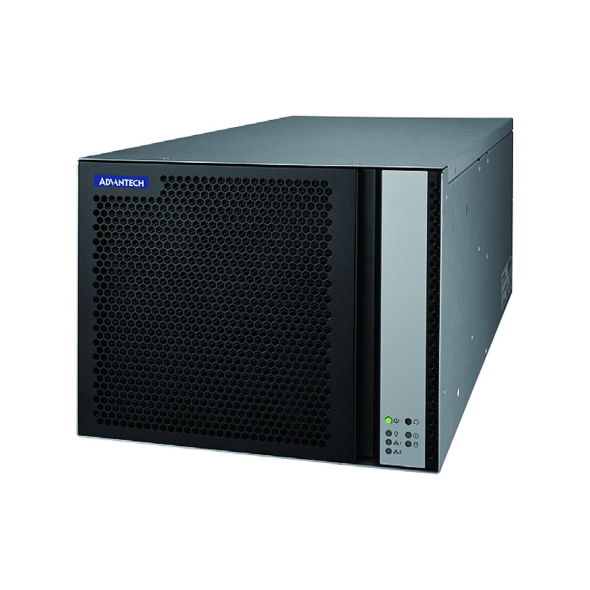 Advantech SKY-602E3 mid-tower GPU server, angled front view of the perforated front panel and status LEDs