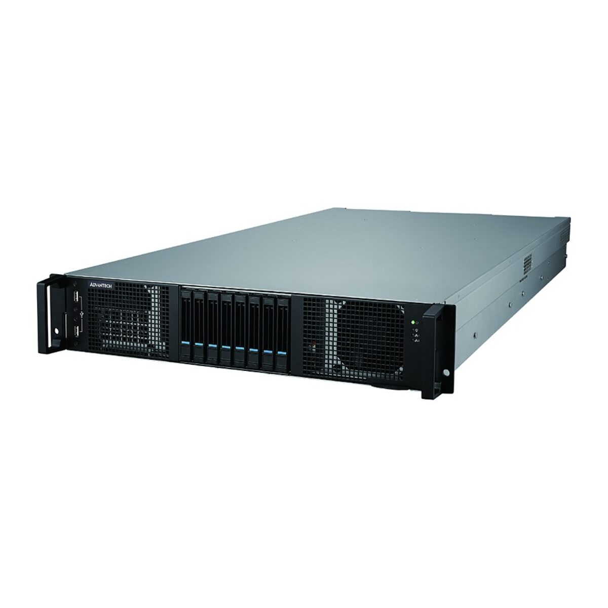 Advantech SKY-620V3 2U rackmount GPU server, angled front view with eight 2.5-inch drive trays and rack ears