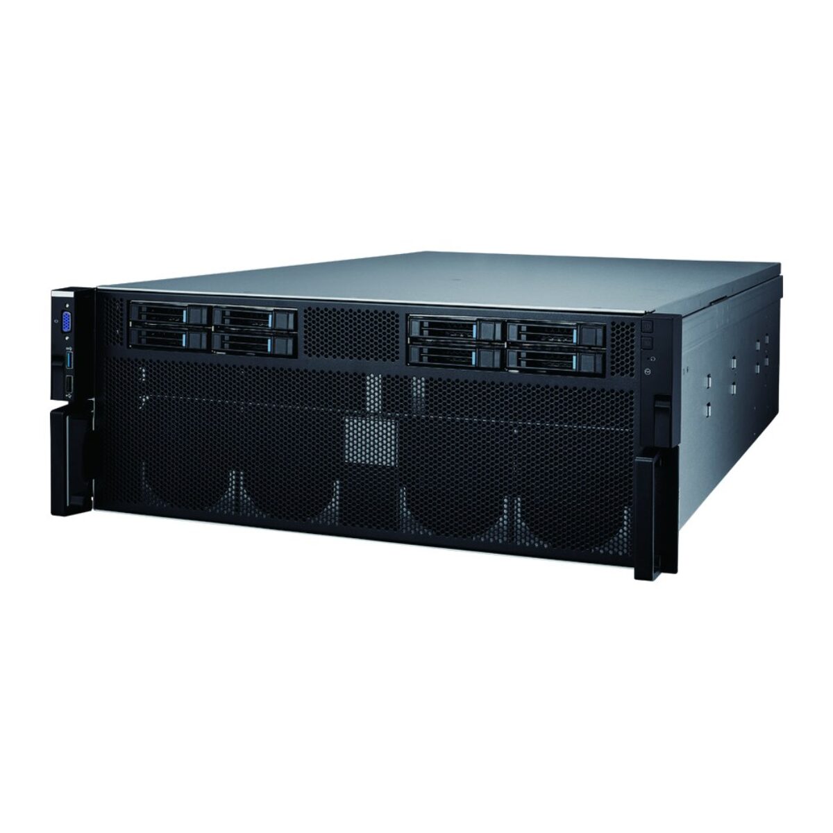 Advantech SKY-641E3 4U GPU server, angled front view with eight hot-swap U.2 drive trays and front VGA
