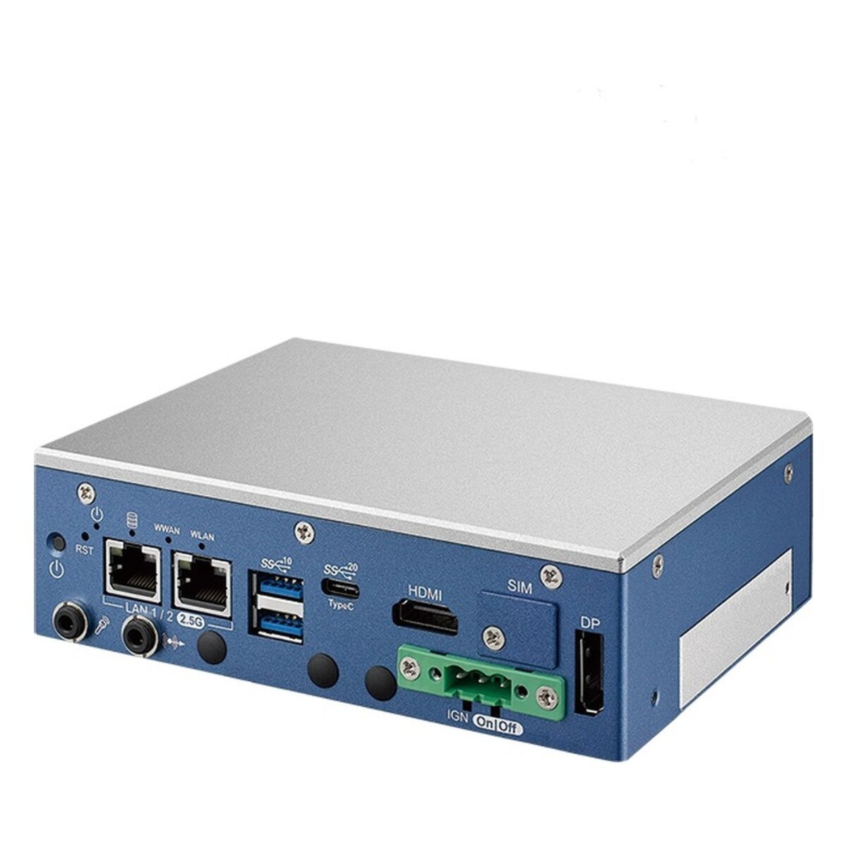 Vecow SPC-9000 Intel Core Ultra mini industrial PC with heat-spreader lid, angled view of the front I/O