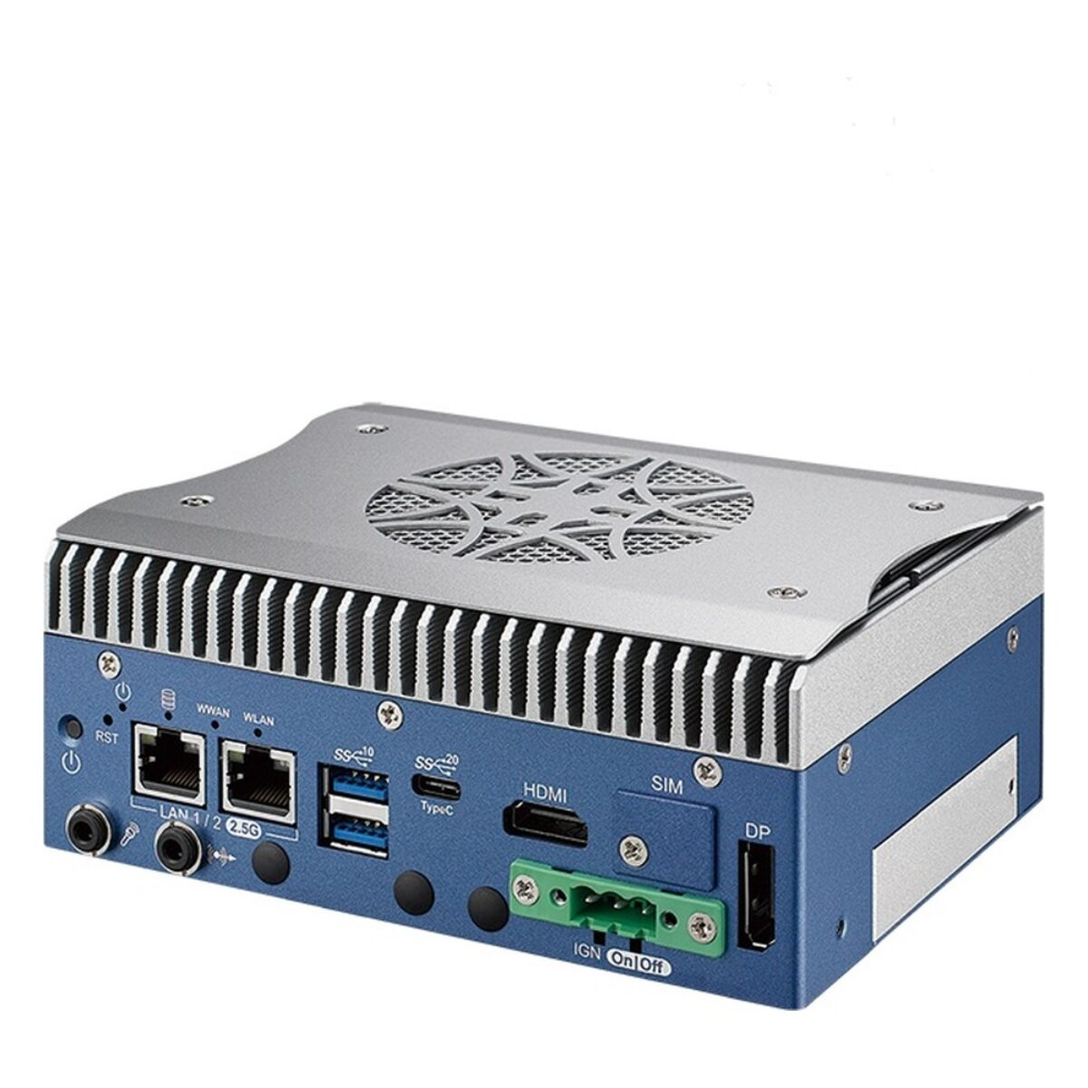Vecow SPC-9200 mini industrial PC with fan sink, angled view of the top fan and front I/O