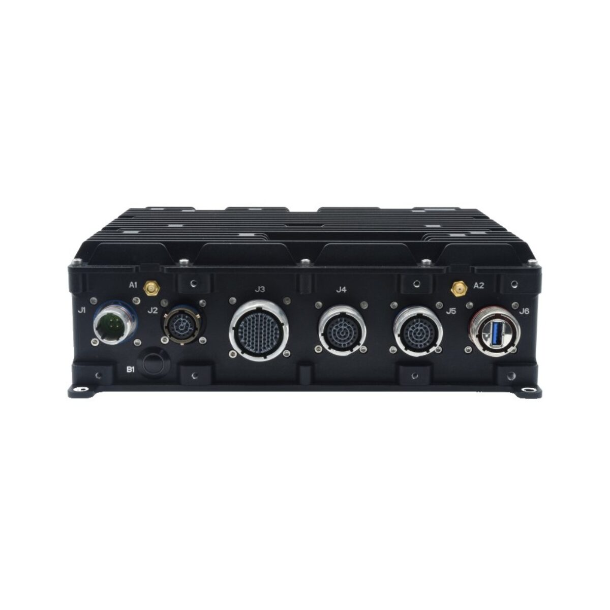 Diamond Systems SabreCom-JSP rugged x86 military mission computer, front view of the J1 to J6 connector panel with USB 3.0 expansion