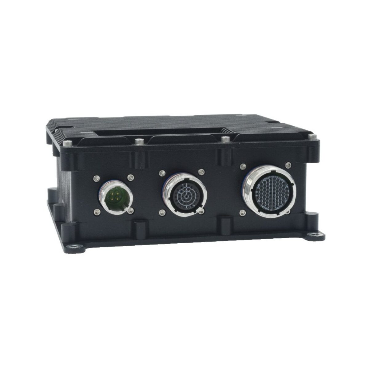 Diamond Systems SabreNet-12000 rugged Ethernet switch, low-profile case with three circular MIL connectors on the front