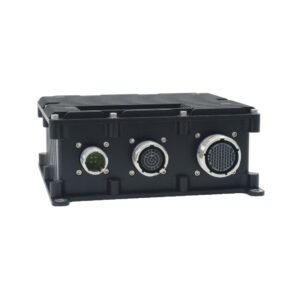 Diamond Systems SabreNet-12000 rugged Ethernet switch, low-profile case with three circular MIL connectors on the front