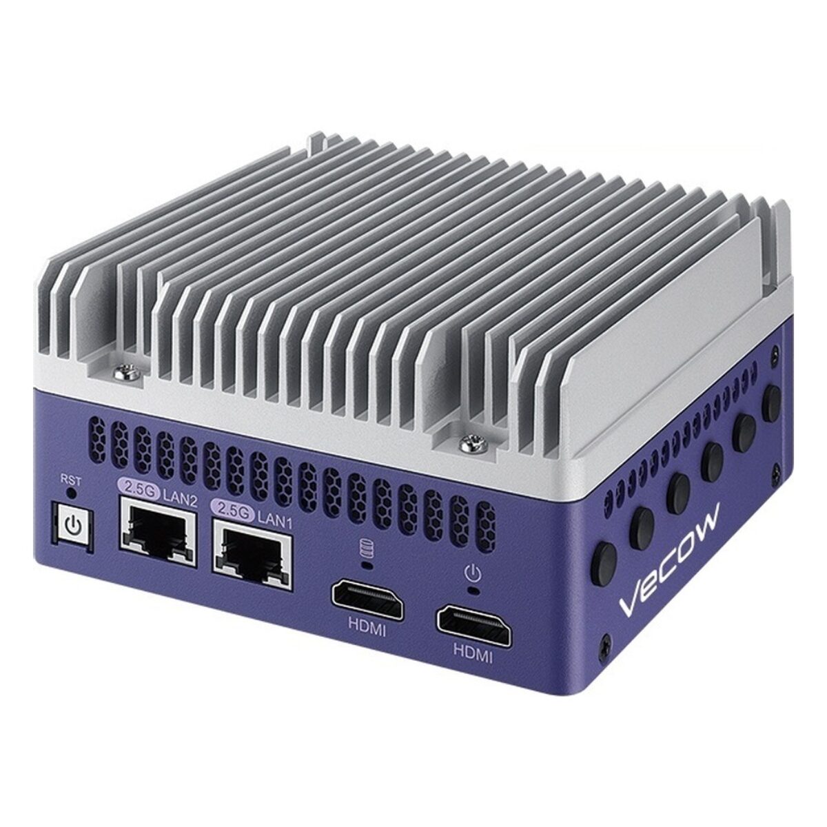 Vecow TGS-2000 fanless Intel Core Ultra Series 3 AI computer, angled view of the finned heatsink and front I/O