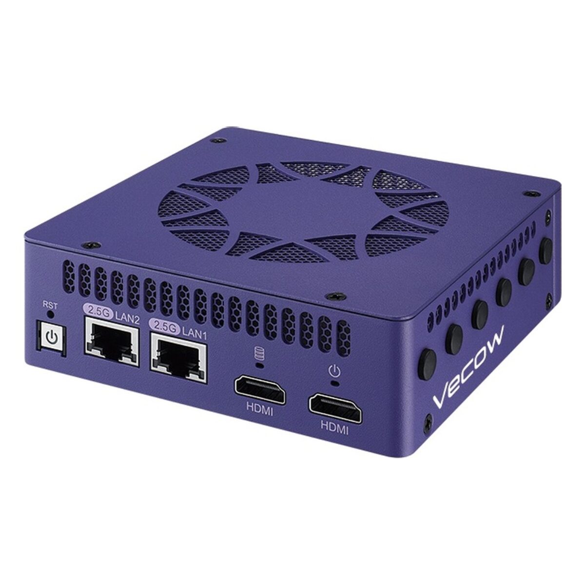 Vecow TGS-2000F fan-cooled Intel Core Ultra Series 3 AI computer, angled view of the fan lid and front I/O