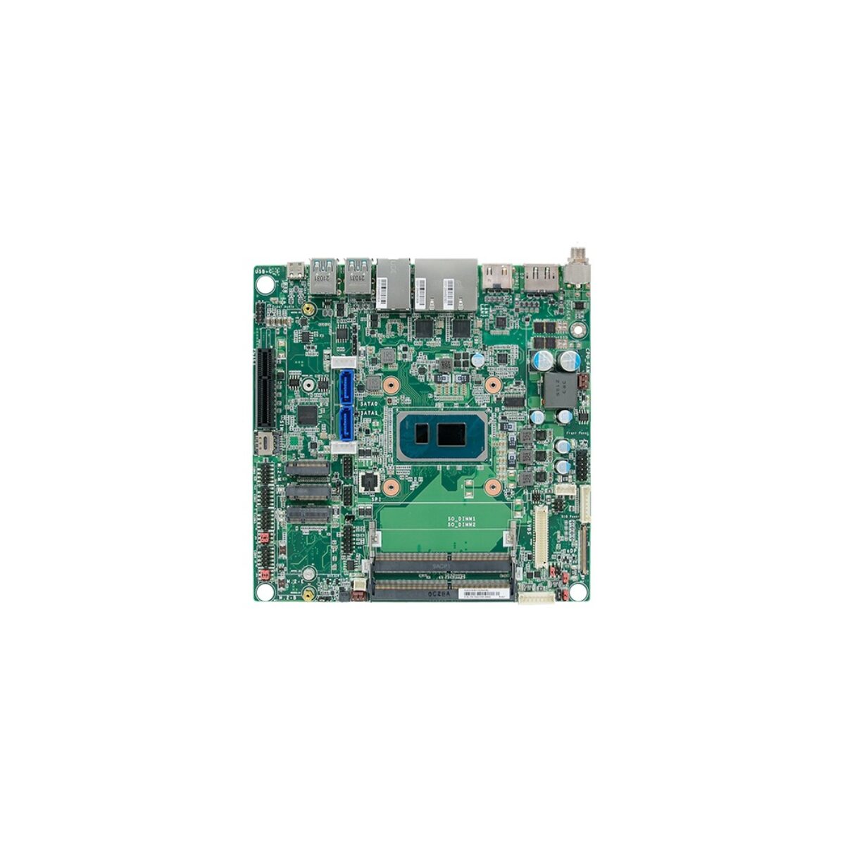 DFI TGU173 Mini-ITX motherboard, top view with onboard processor, two SO-DIMM slots, three M.2 slots and SATA ports