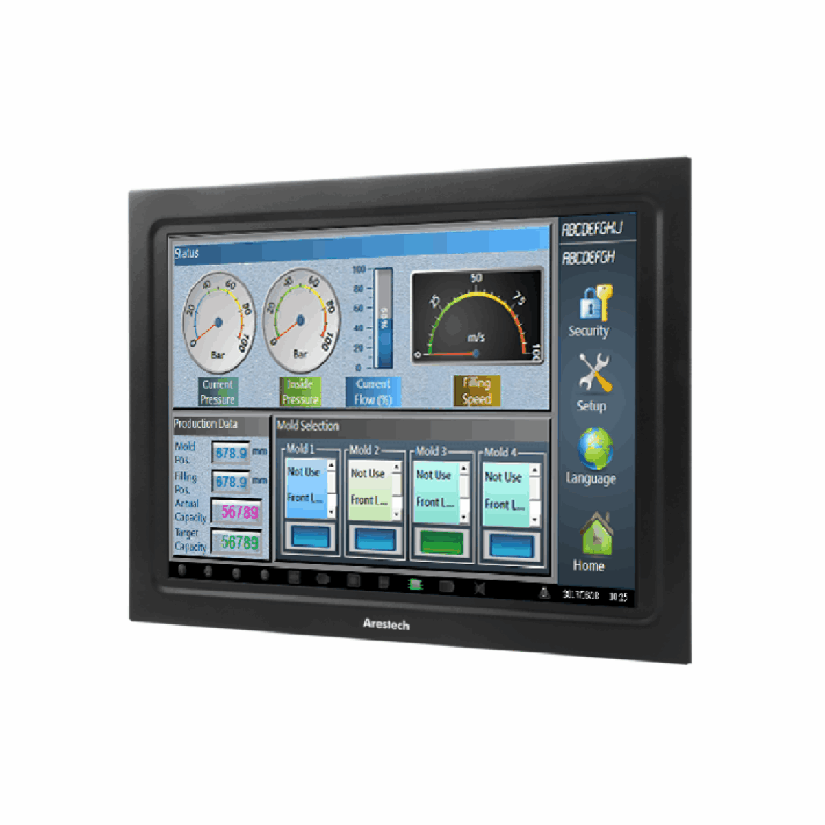 Arestech TPM-3215 industrial touch monitor, front three-quarter view with black bezel and Arestech logo