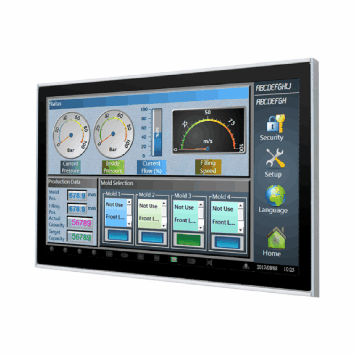 Arestech TPM-3218 industrial touch monitor, front three-quarter view with slim silver-edged bezel