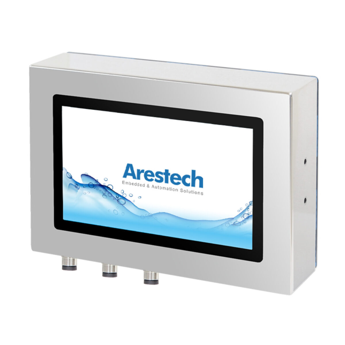 Arestech TPM-3610PW stainless steel touch monitor, front view with three M12 connectors on the bottom edge