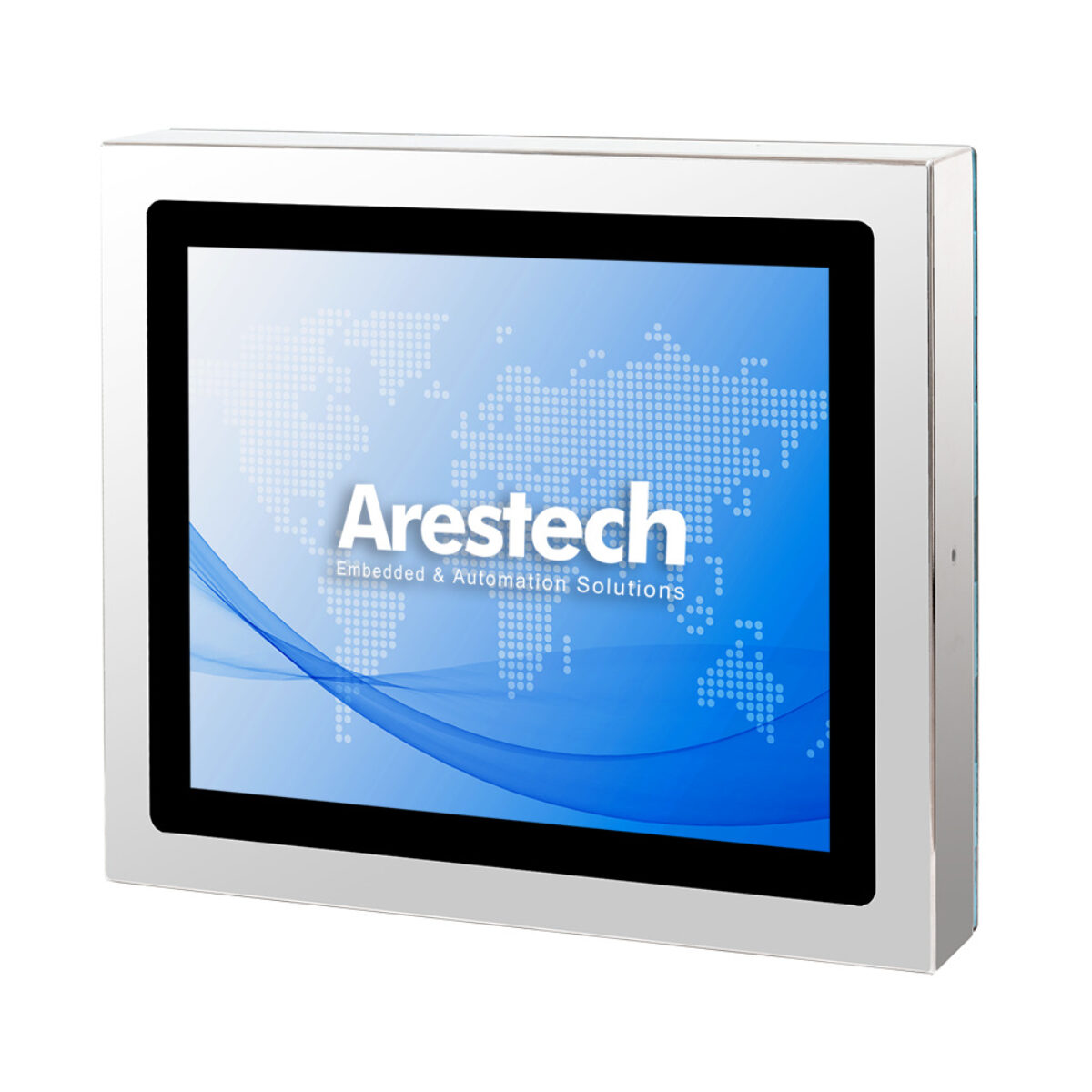 Arestech TPM-3619 stainless steel touch monitor, front three-quarter view