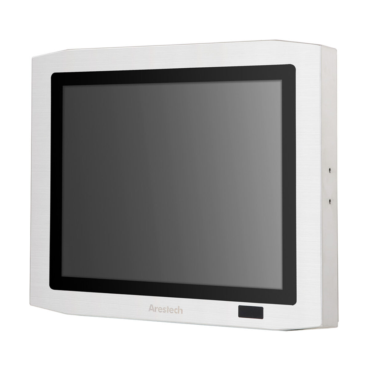 Arestech TPM-3619PH stainless steel touch monitor, front three-quarter view of the beveled frame