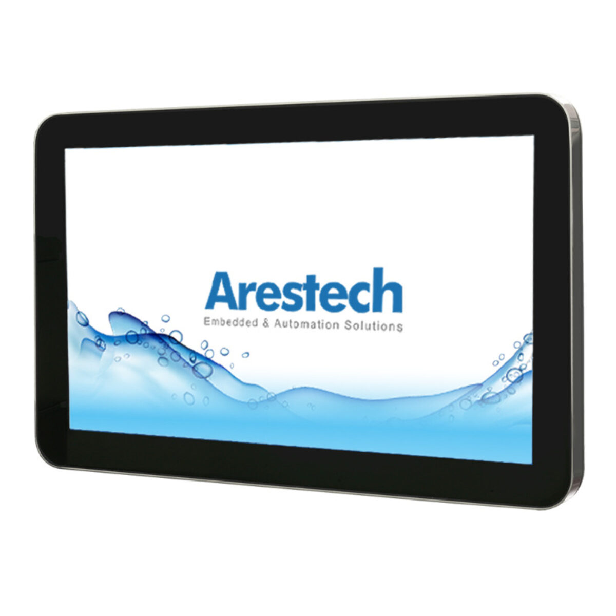 Arestech TPM-3624PW stainless steel touch monitor, front three-quarter view of the widescreen display