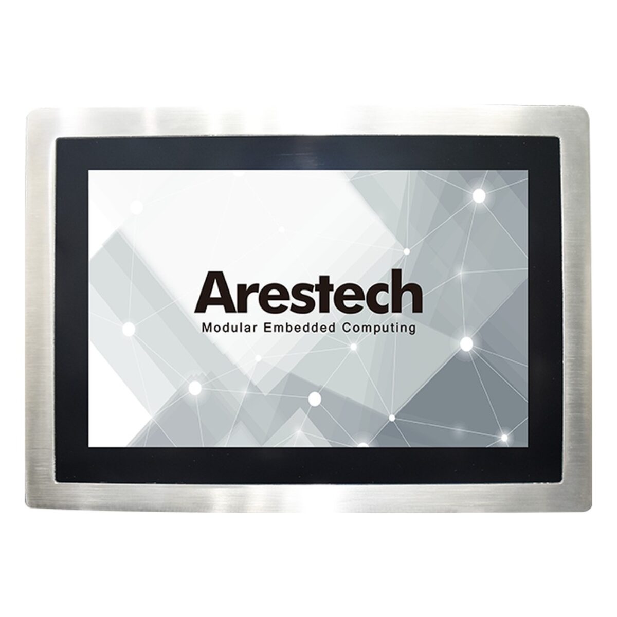 Arestech TPM-S3310 stainless steel touch monitor, front view of the widescreen display in a brushed steel bezel
