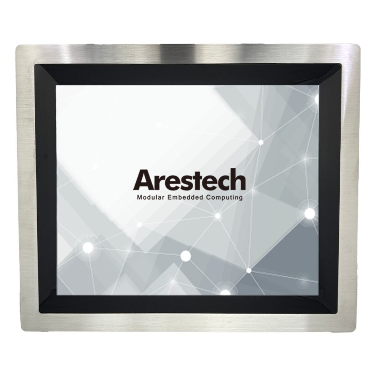 Arestech TPM-S3317 stainless steel touch monitor, front view of the display in a brushed steel bezel